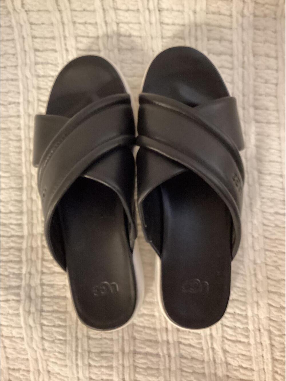 Ugg Black Leather Slip On Slide Sandals